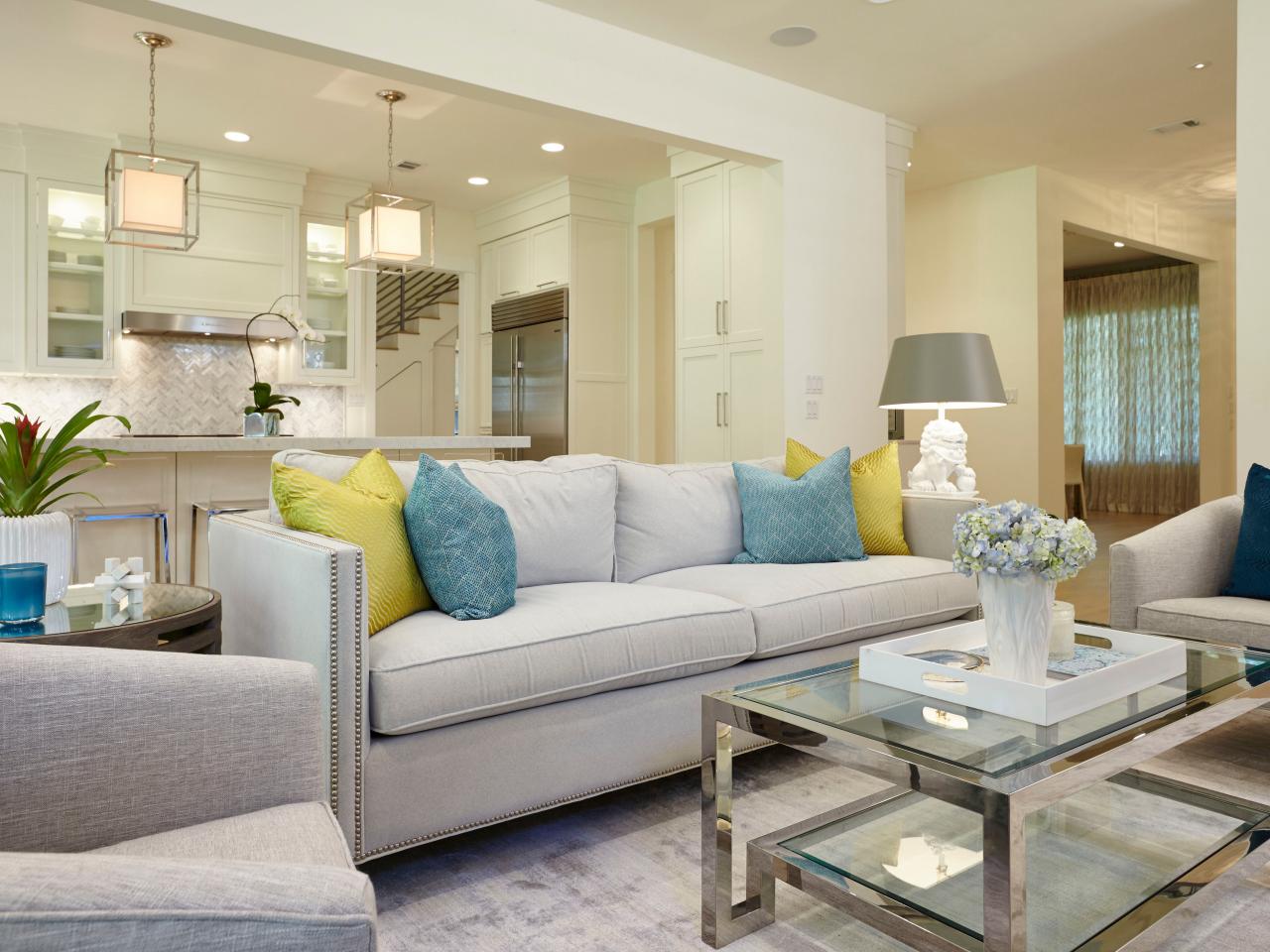 White Transitional Living Room With Glass Coffee Table